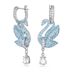 Swarovski Iconic Swan drop earrings, Swan, Blue, Rhodium plated