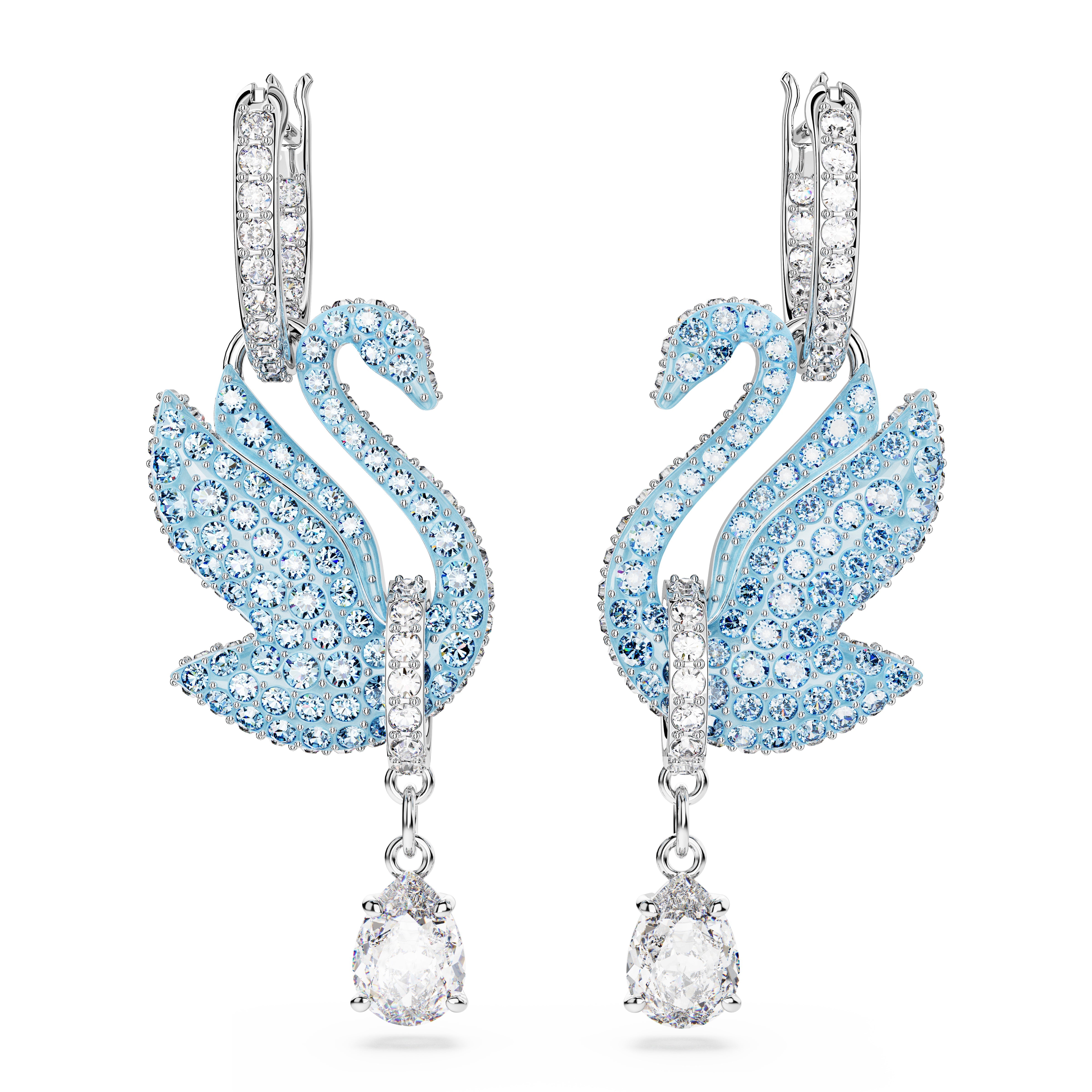 Swarovski Iconic Swan drop earrings, Swan, Blue, Rhodium plated