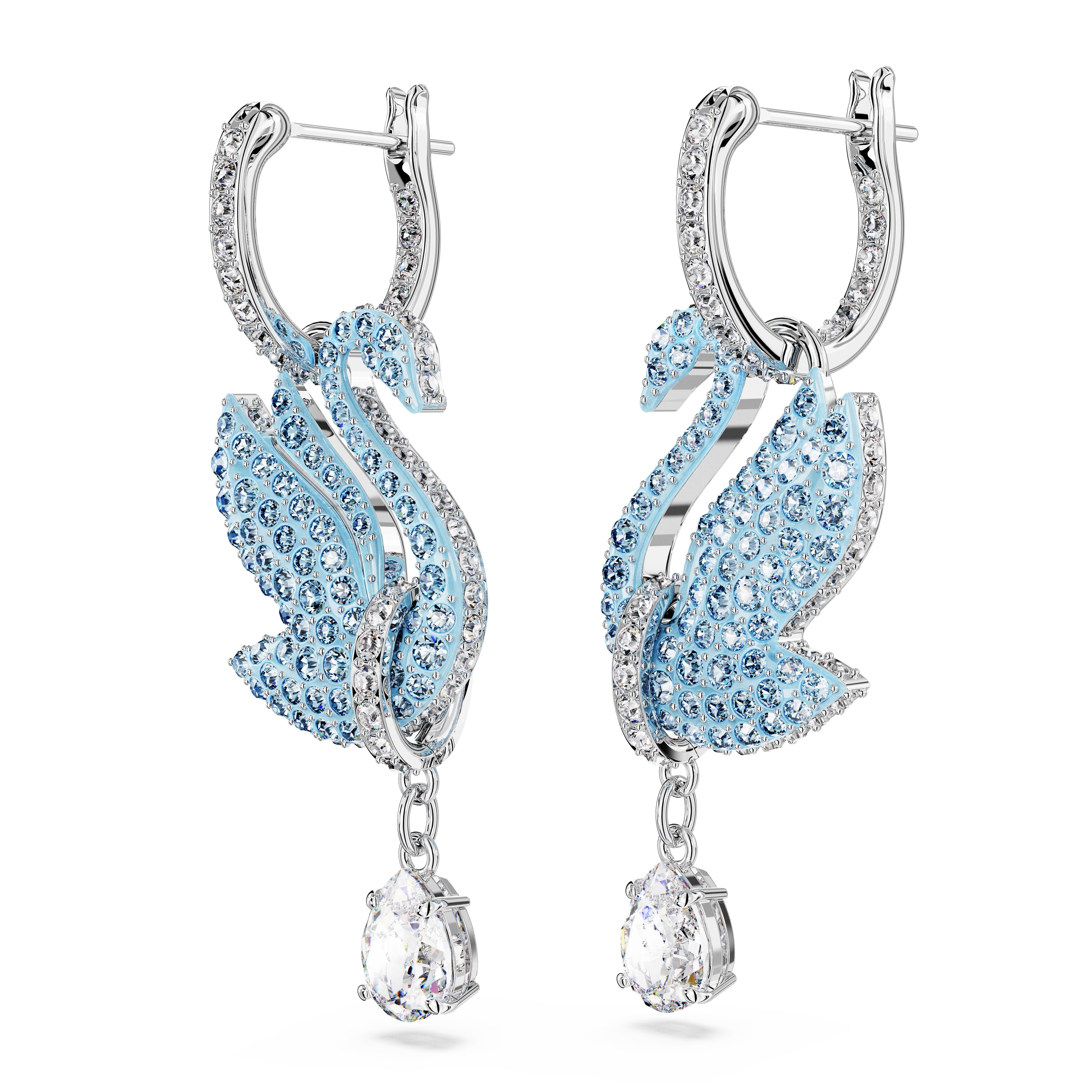 Swarovski Iconic Swan drop earrings, Swan, Blue, Rhodium plated