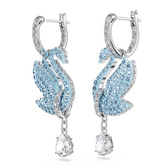 Swarovski Iconic Swan drop earrings, Swan, Blue, Rhodium plated