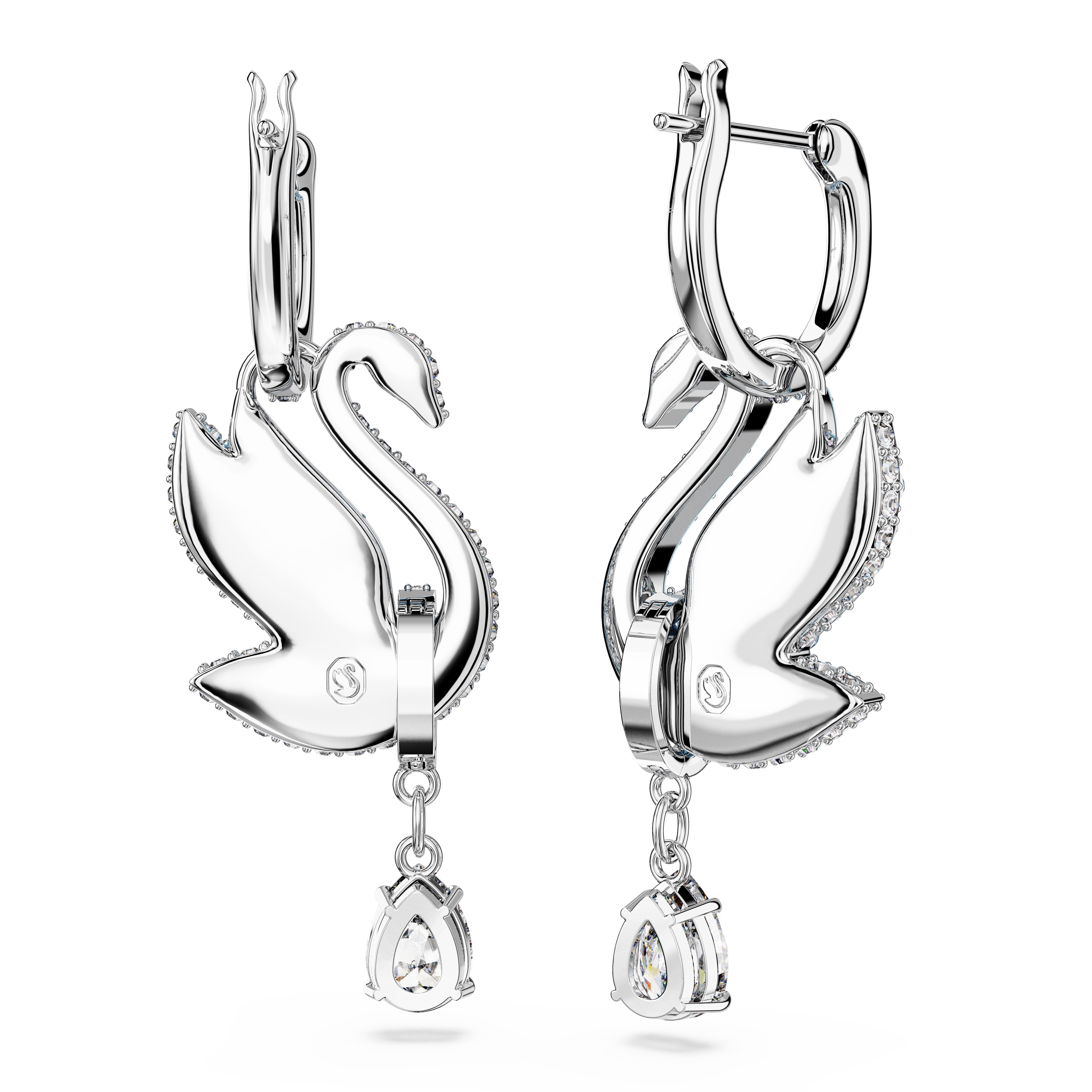 Swarovski Iconic Swan drop earrings, Swan, Blue, Rhodium plated