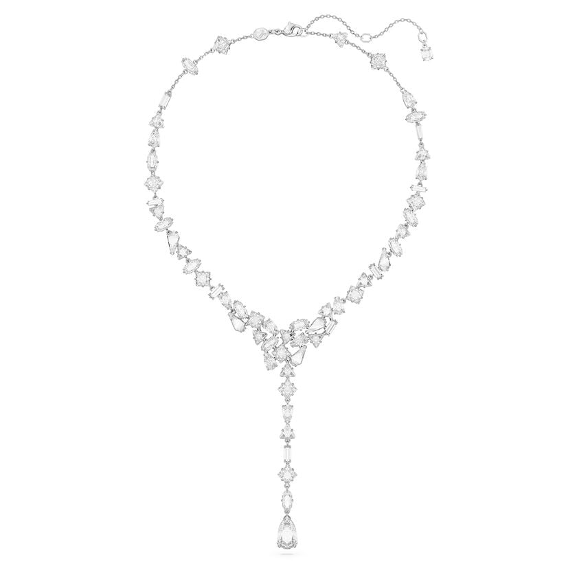 Mesmera Y necklace, Mixed cuts, White, Rhodium plated