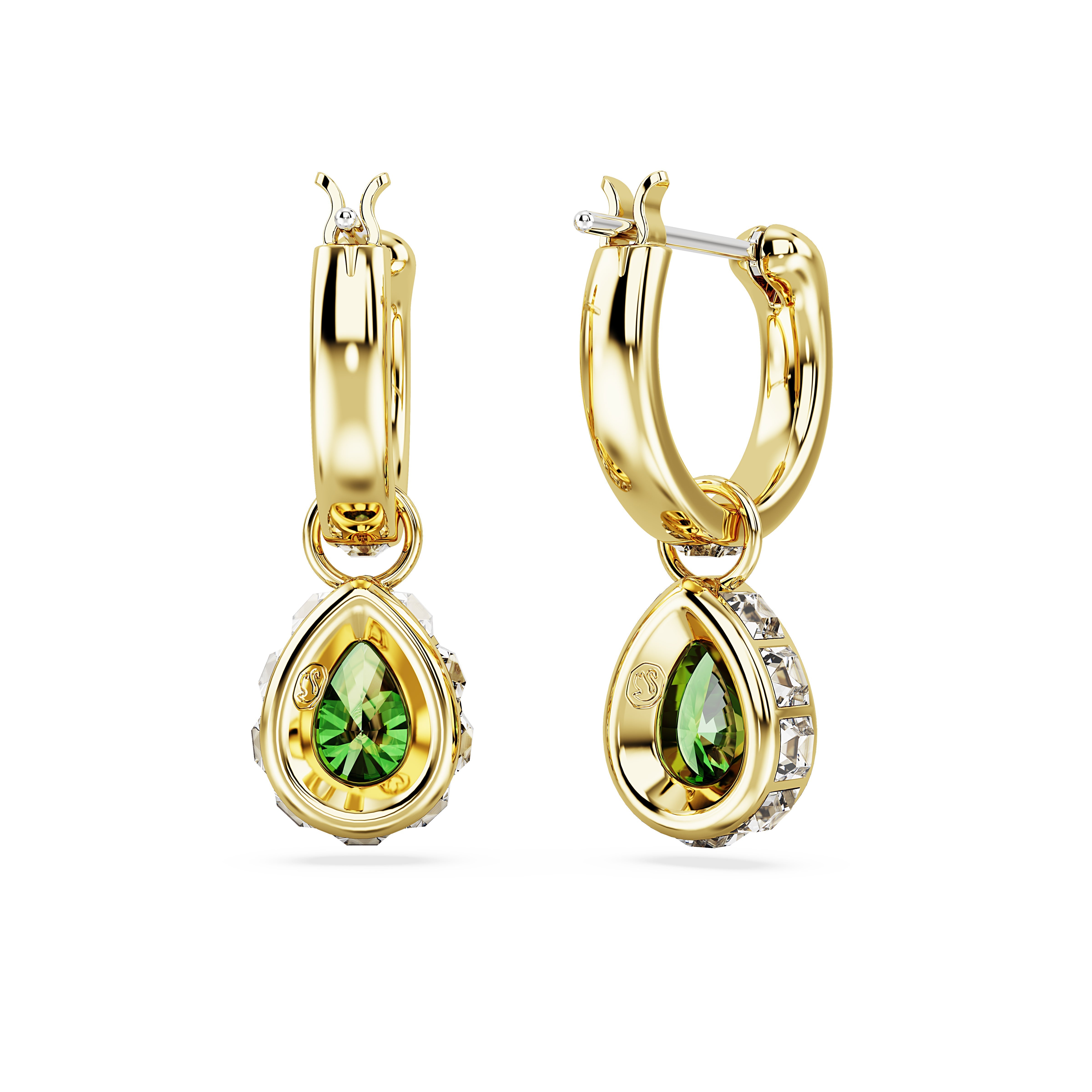 Stilla drop earrings, Pear cut, Green, Gold-tone plated