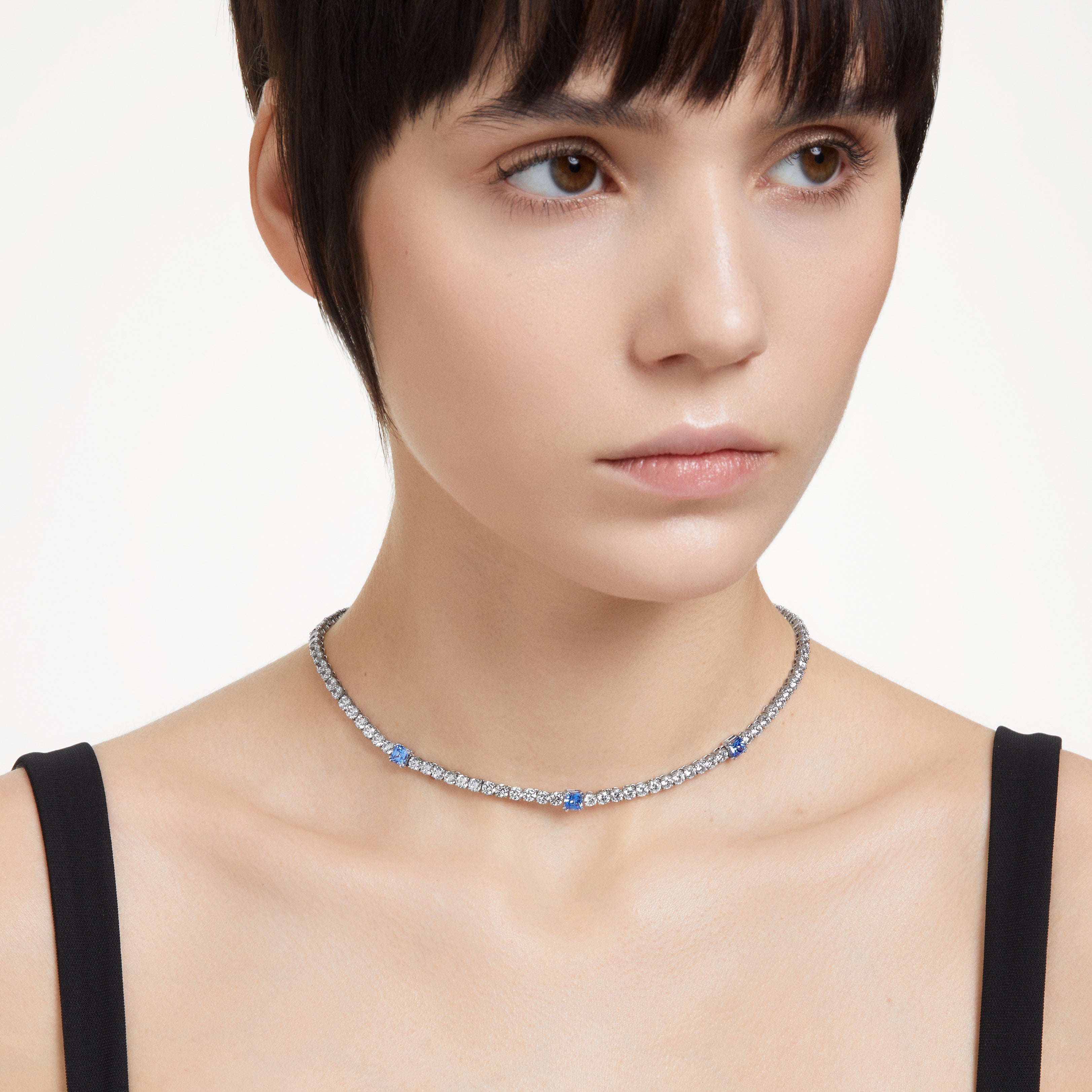 Matrix Tennis necklace, Mixed cuts, Blue, Rhodium plated