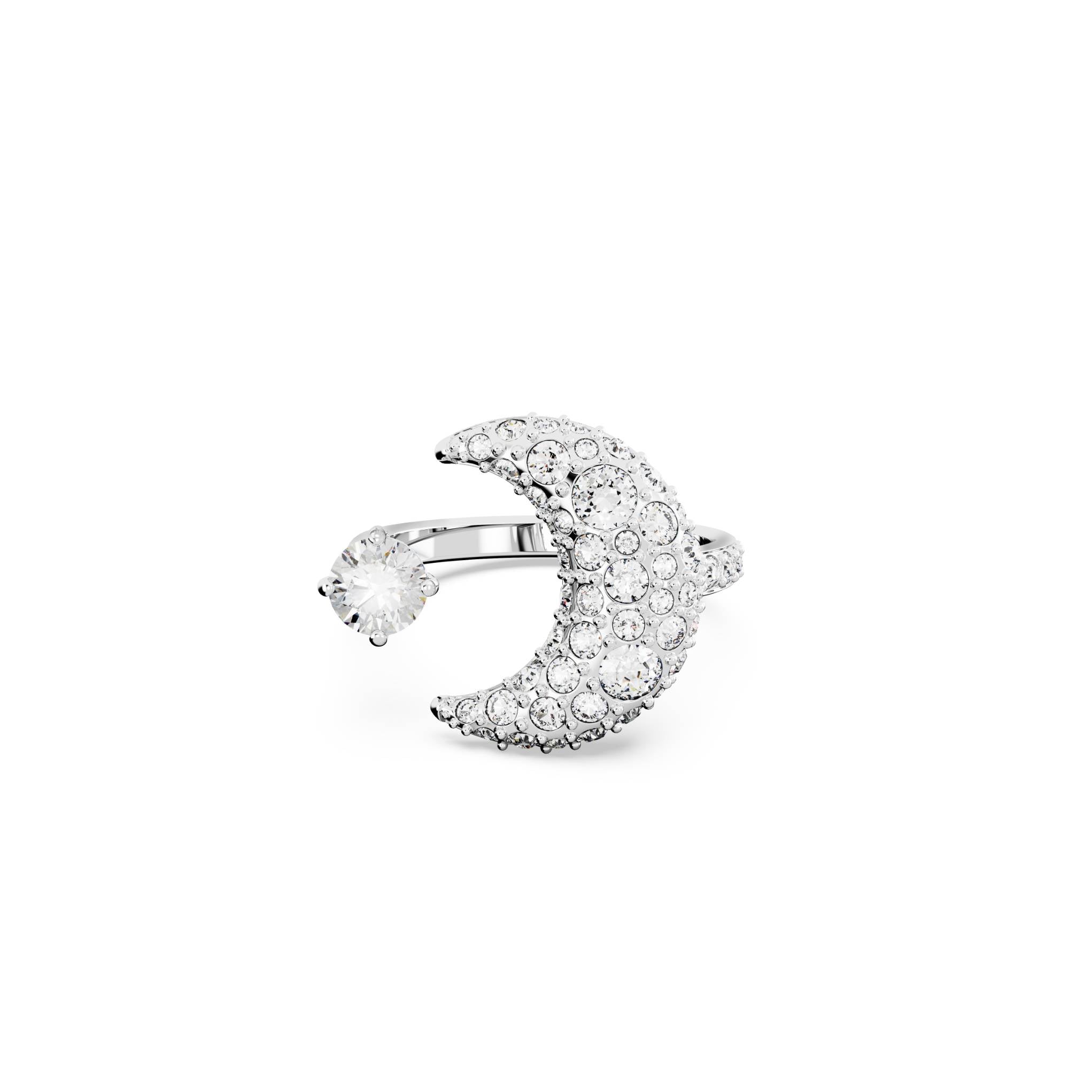 Luna open ring, Moon, White, Rhodium plated