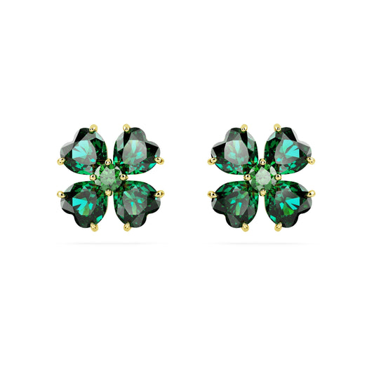 Idyllia stud earrings, Clover, Green, Gold-tone plated