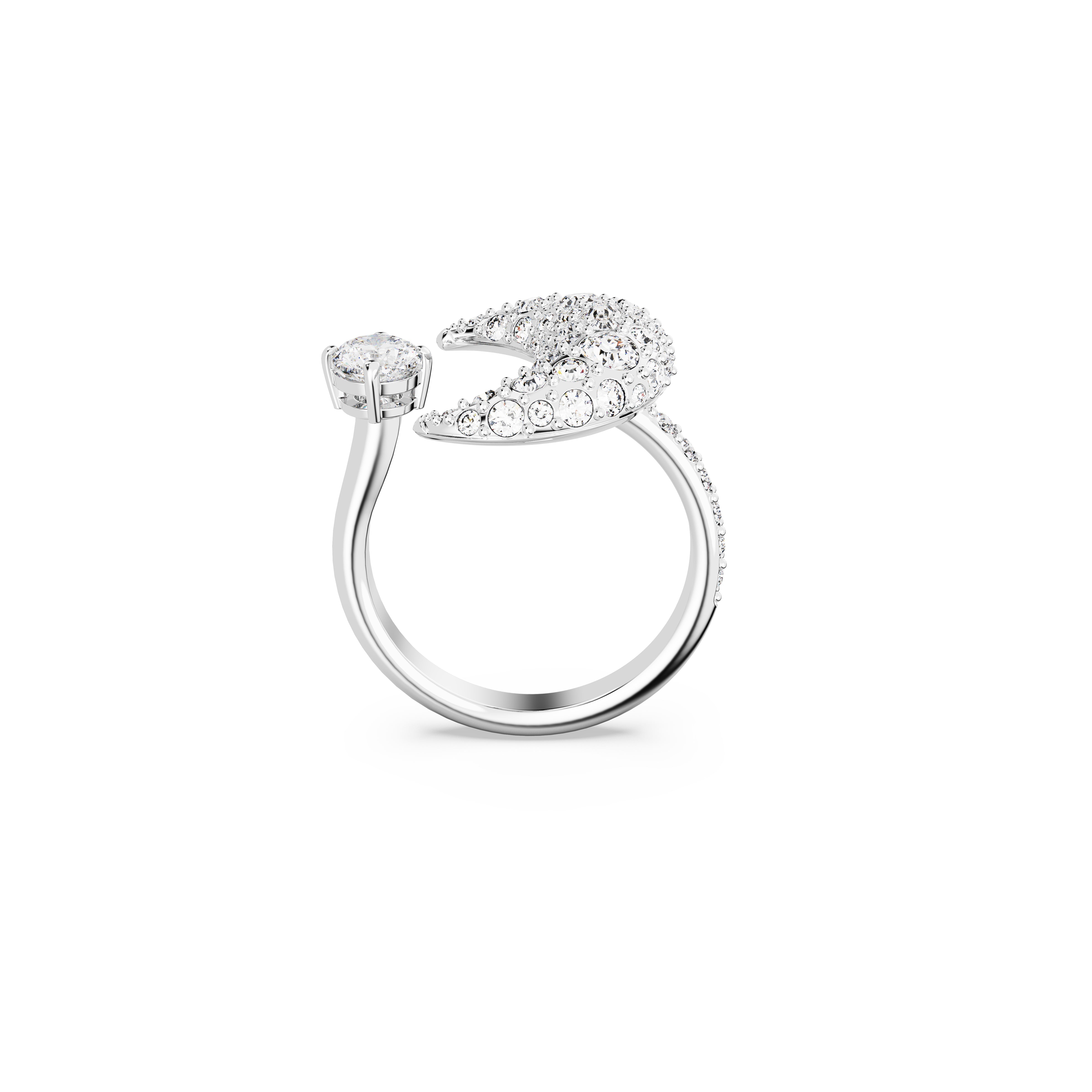 Luna open ring, Moon, White, Rhodium plated