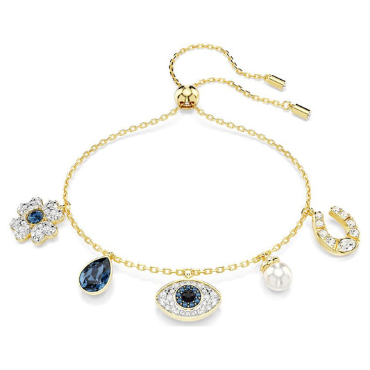 Symbolica bracelet, Clover, evil eye and horseshoe, Blue, Gold-tone plated