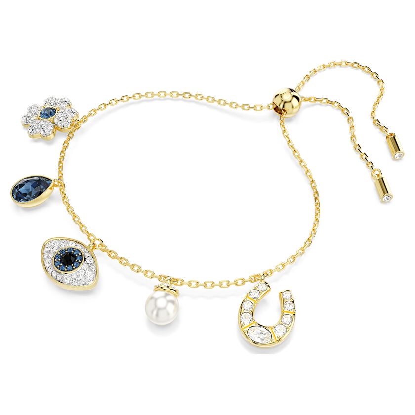 Symbolica bracelet, Clover, evil eye and horseshoe, Blue, Gold-tone plated