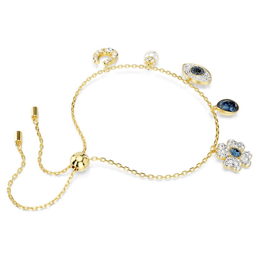 Symbolica bracelet, Clover, evil eye and horseshoe, Blue, Gold-tone plated