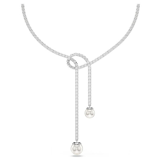 Matrix Y necklace, Crystal pearl, Round cut, White, Rhodium plated