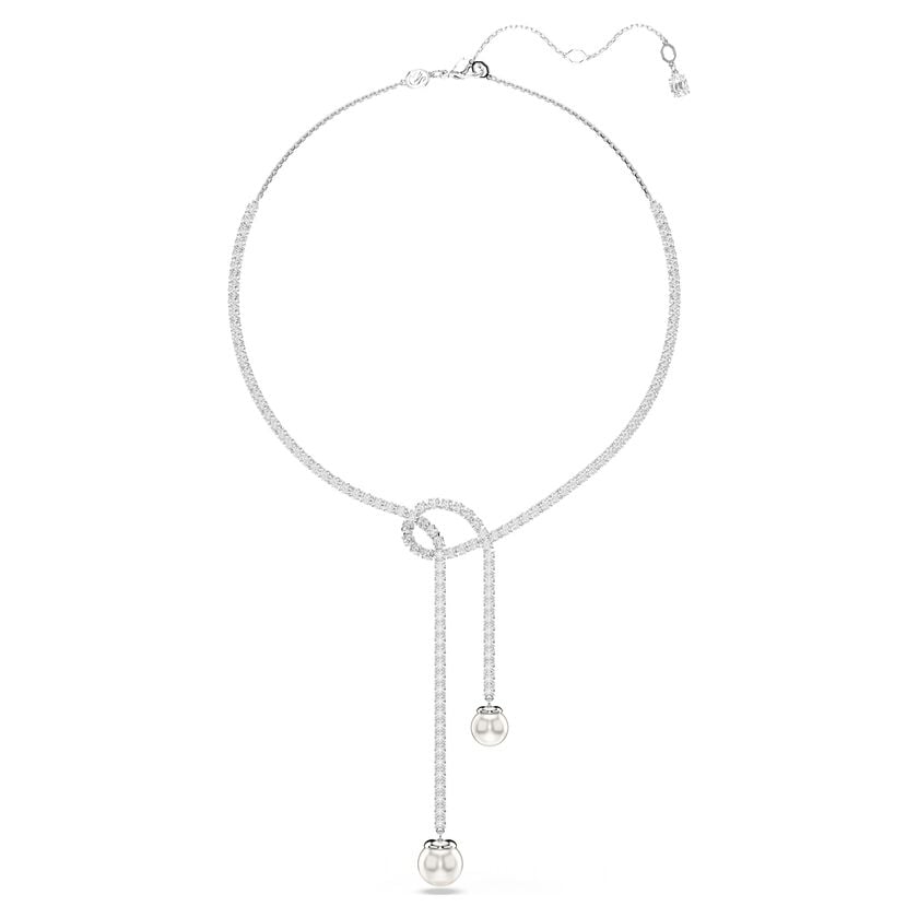 Matrix Y necklace, Crystal pearl, Round cut, White, Rhodium plated